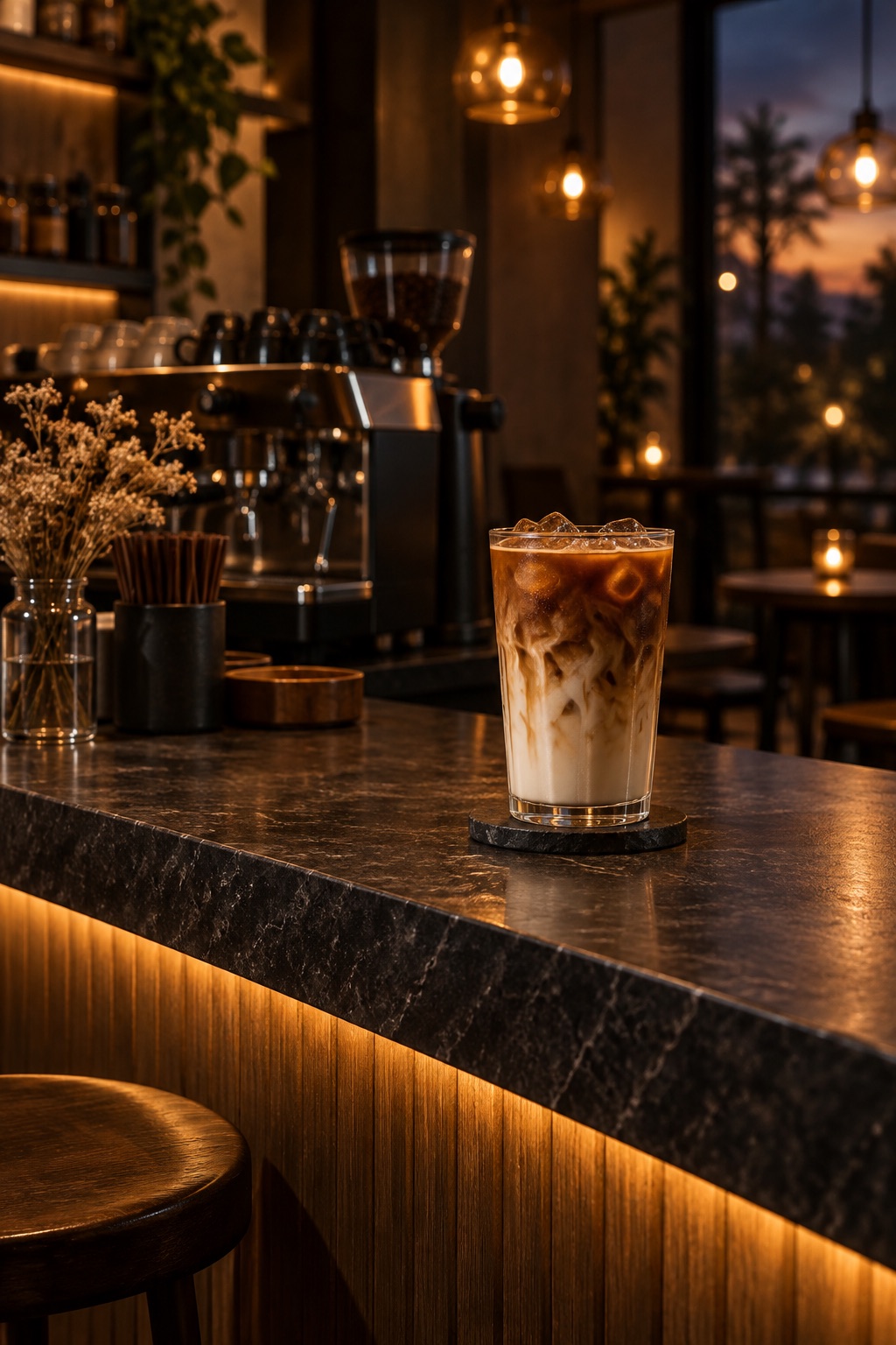 Balcão de pedra escura com luz âmbar por baixo e um iced latte com nuvens de leite, ao entardecer.