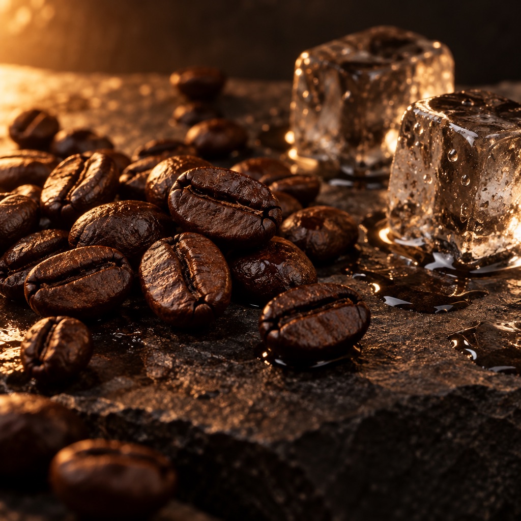 Grãos de café torrados sobre pedra escura, ao lado de cubos de gelo derretendo.