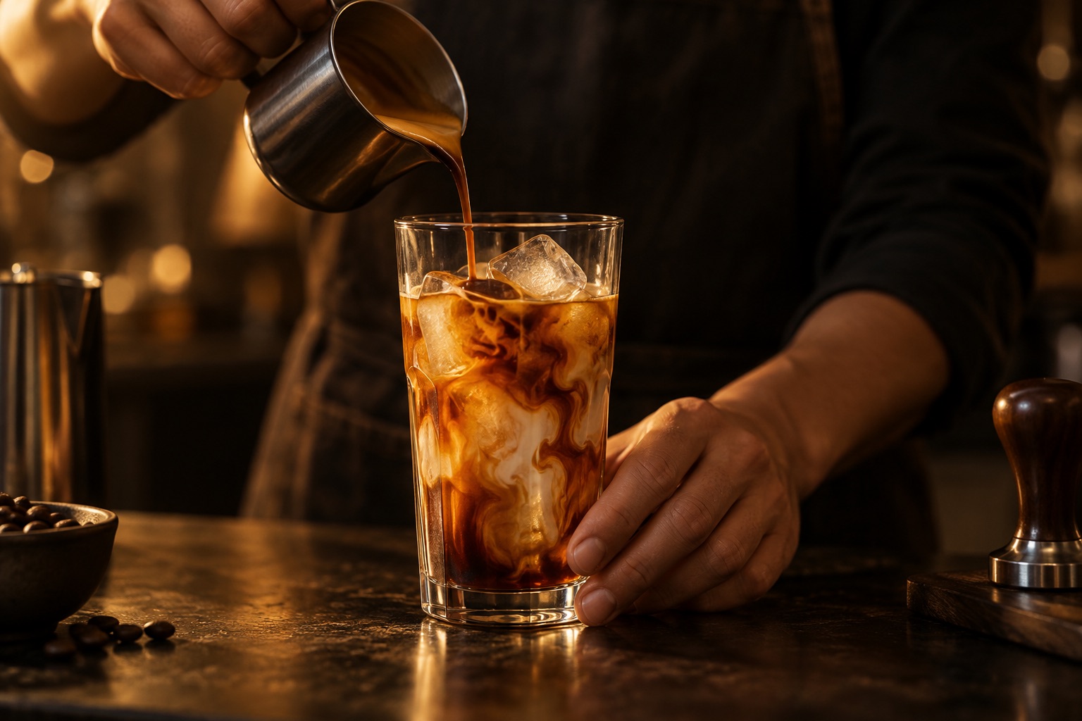 Mãos de barista despejando espresso sobre gelo num copo alto, com luz quente de lado.